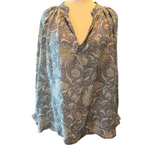 Vince Botanical Floral Print 100% Silk Split V-Neck Blouse XS